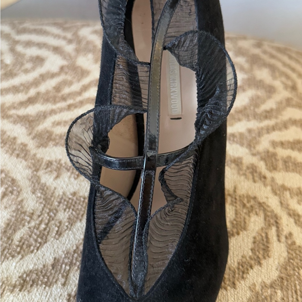 Black suede heels t-strap unique elegant classy pumps pointy toe shoes - Picture 12 of 13